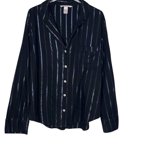 Victoria’s Secret Striped Button-Up Black with Silver Stripes Pajama Shirt  M (3 - Picture 1 of 9